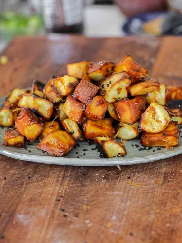 side view of candied Korean sweet potatoes